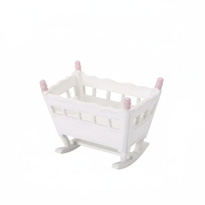 Dollhouse Cradle Miniature Rocking Bed Wooden Infant Furniture Spindle Rail Nursery Crib Realistic Design Suitable for Diorama Project Collector Display Bedroom Scene, Pink