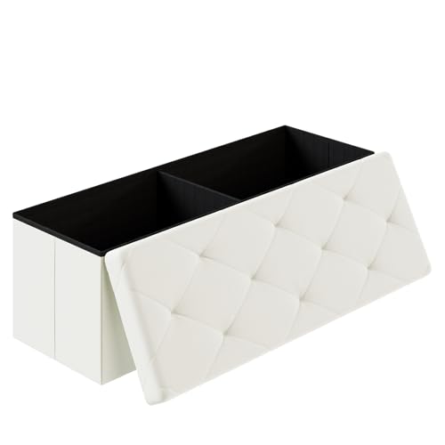 43 Inches Folding Ottoman with Storage Bench, Foot Rest Stool, End of Bed Storage Bench Upholstered, Load 660 lbs, for Living Room, Synthetic Leather, Beige
