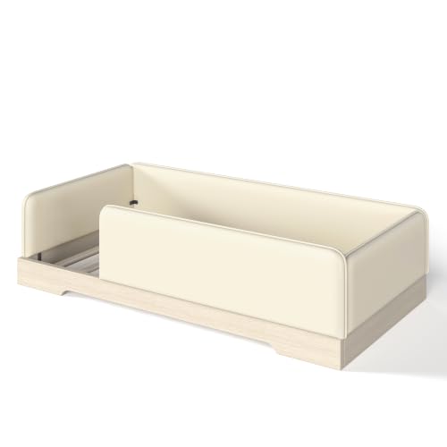 JIVOIT Twin Size Upholstered Floor Bed with Removable Guardrails | Montessori Floor Bed, Low Profile Platform Bed, Faux Leather, Removable Side Panels, Wood Slats Support, No Box Spring Needed