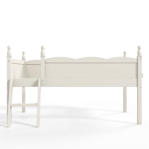 JIVOIT Twin Low Loft Bed, Solid Wood, Full Guardrails, Ladder & Side Bookshelf (Beige/ Twin,76)