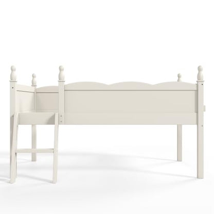 JIVOIT Twin Low Loft Bed, Solid Wood, Full Guardrails, Ladder & Side Bookshelf (Beige/ Twin,76)