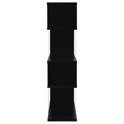 4-Shelf Contemporary Wood Bookcase, Black Finish, Glass Side Panels, Zigzag Design, 63 in H x 35.5 in W x 15.5 in D, Modern Storage for Home Office or Living Room