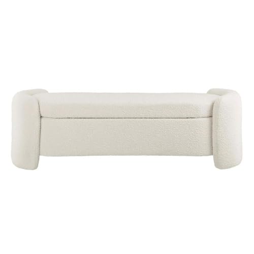 Contemporary Wood and Boucle Upholstered Bench, 19" H x 21.5" W x 62" D, Ivory Finish, Dense Foam Padding, Hinged Storage Seat, Accent Bench for Living Room, Entryway, Bedroom, or Office