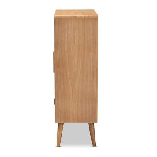 Mid-Century Wood/Rattan 2-Door Storage Cabinet, Oak Finish, 44.29" H x 31.5" W x 14.17" D, Adjustable Shelves, Angled Legs, Elegant Accent Chest for Living Room or Entryway