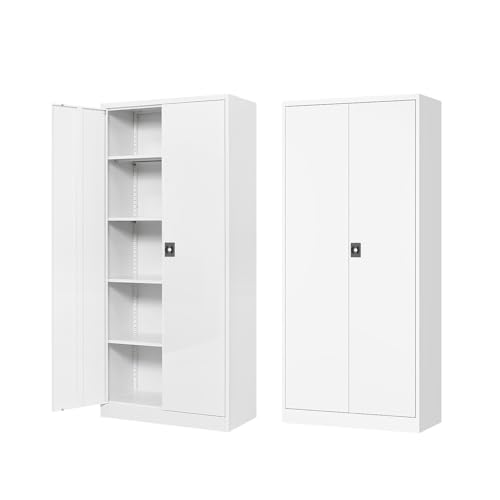 Metal Storage Cabinet-71” Tall Steel File Cabinets with Lockable Doors and Adjustable Shelves-White Steel Storage Cabinet for Home,Kitchen, School, Office, Garage