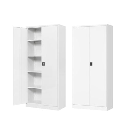 Metal Storage Cabinet-71” Tall Steel File Cabinets with Lockable Doors and Adjustable Shelves-White Steel Storage Cabinet for Home,Kitchen, School, Office, Garage