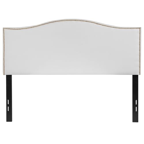 Contemporary Full Upholstered Panel Headboard, White Fabric with Brass Nailhead Trim, Adjustable Black Metal Legs, 56.75 in Wide, Bedroom Furniture for Master, Guest, or Apartment Use