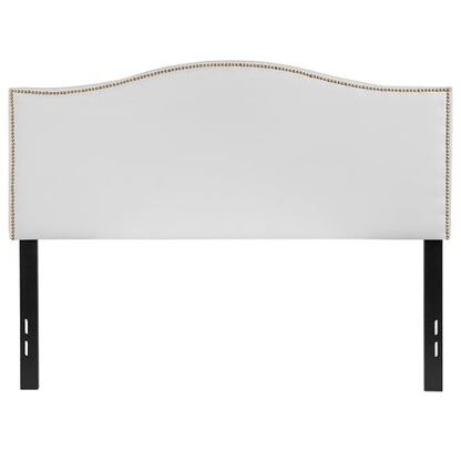 Contemporary Full Upholstered Panel Headboard, White Fabric with Brass Nailhead Trim, Adjustable Black Metal Legs, 56.75 in Wide, Bedroom Furniture for Master, Guest, or Apartment Use