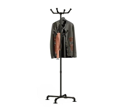 Industrial Coat Rack,Metal Pipe Coat Rack Stand Freestanding with 6 Hooks,Heavy Duty Coat Tree Sturdy Coat Racks for Entryway, Hallway, Bedroom (Black)