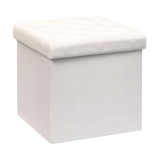 Storage Ottoman Velvet Tufted Folding Ottomans Footstool Rest Seat with Removable Lid (White, Medium)
