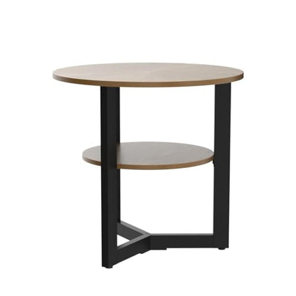 Round Side Table, Large 2-Tier End Table Nightstand with Metal Legs, Modern Bedside Couch Table for Living Room, Bedroom, Office, Rustic Natural/Black, 25.2 x 25.2 x 24 inches CJZ-1338