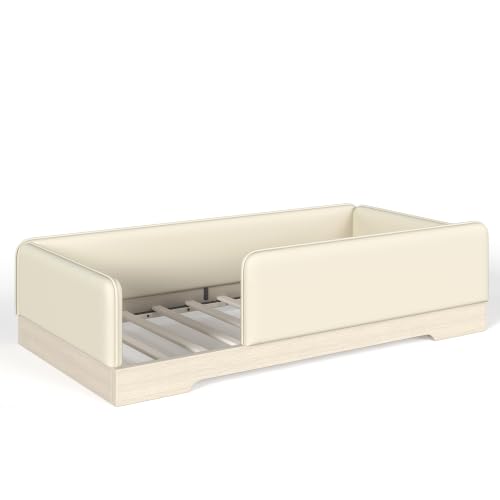 JIVOIT Twin Size Upholstered Floor Bed with Removable Guardrails | Montessori Floor Bed, Low Profile Platform Bed, Faux Leather, Removable Side Panels, Wood Slats Support, No Box Spring Needed