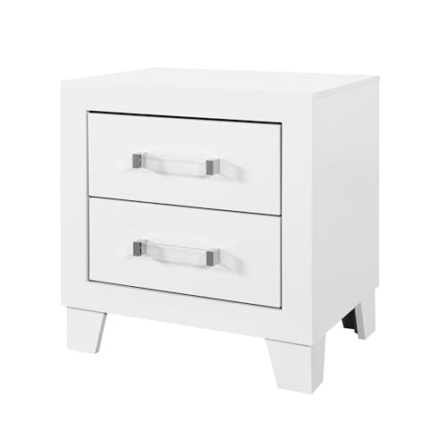 Modern White Nightstand with Sleek Acrylic Hardware, Contemporary Bedside Table for Bedroom Storage and Organization, Engineered Wood Bedside End Table, 21.65 x 16.14 x 23.66 Inches