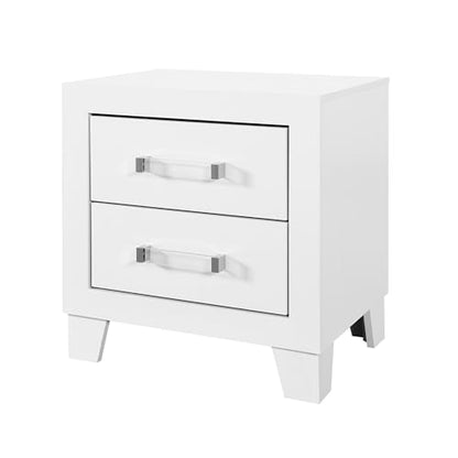 Modern White Nightstand with Sleek Acrylic Hardware, Contemporary Bedside Table for Bedroom Storage and Organization, Engineered Wood Bedside End Table, 21.65 x 16.14 x 23.66 Inches