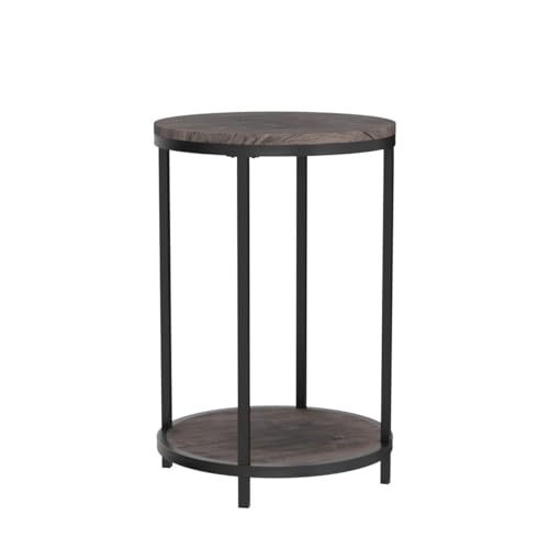 Round Side Table Set of 2,16in Rustic Wooden End Table Surface Top & Sturdy Metal Legs Nightstand for Living Room Bedroom Farmhouse Sofa Table with Storage Open Shelf,Light Walnut