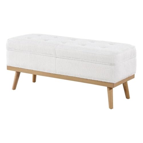 Mid-Century Modern Storage Bench, Ivory Sherpa Upholstery, Solid Wood Tapered Legs, 43.5W x 17D x 18.5H, Button Tufted, Soft-Close Hinged Top, Entryway, Living Room, or Bedroom