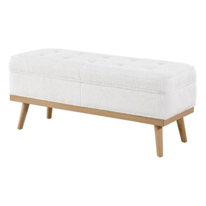 Mid-Century Modern Storage Bench, Ivory Sherpa Upholstery, Solid Wood Tapered Legs, 43.5W x 17D x 18.5H, Button Tufted, Soft-Close Hinged Top, Entryway, Living Room, or Bedroom