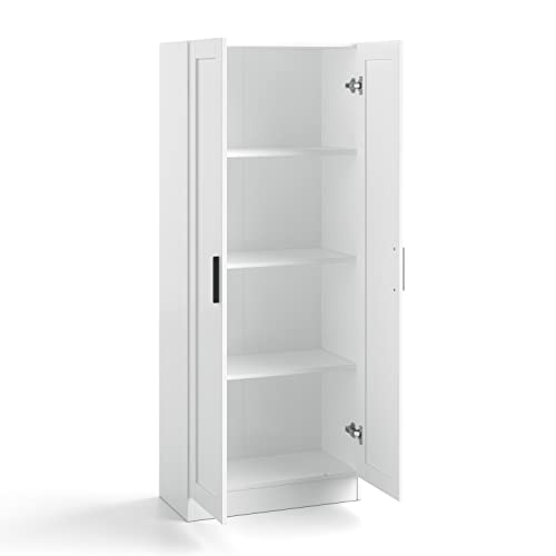 Wooden Storage Cabinet, Narrow Pantry Cabinets Free Standing Tall Storage Cabinet with 2 Doors and Shelves (White)