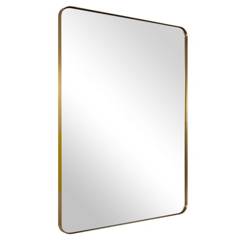 Gold Bathroom Mirror, 24x36 Brushed Brass Rectangle Metal Frame Mirror for Bathroom, Modern Rectangular Wall Mounted Mirror for Vanity