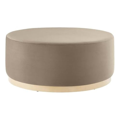 Tilden 38 Inch Round Performance Velvet Upholstered Ottoman in Taupe Natural - Round Ottoman Coffee Table for Living Room, Large Ottoman Foot Rest with Rubberwood Plinth Base
