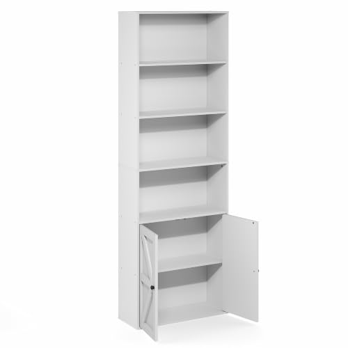 Farmhouse 6-Tier Book Shelf with Doors, Bookshelf, White, view 7