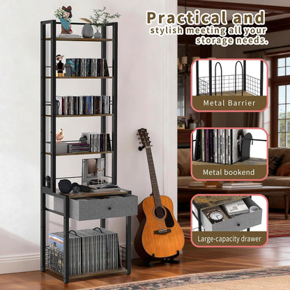 CD Storage Rack, 6-Tier DVD Organizer Shelf with Drawer & Adjustable Book Stoppers, Vinyl Record Holder &Multi-Purpose Media Organizer, Ideal for Living Room/Home Office,15.7X11.8X64.3Inch