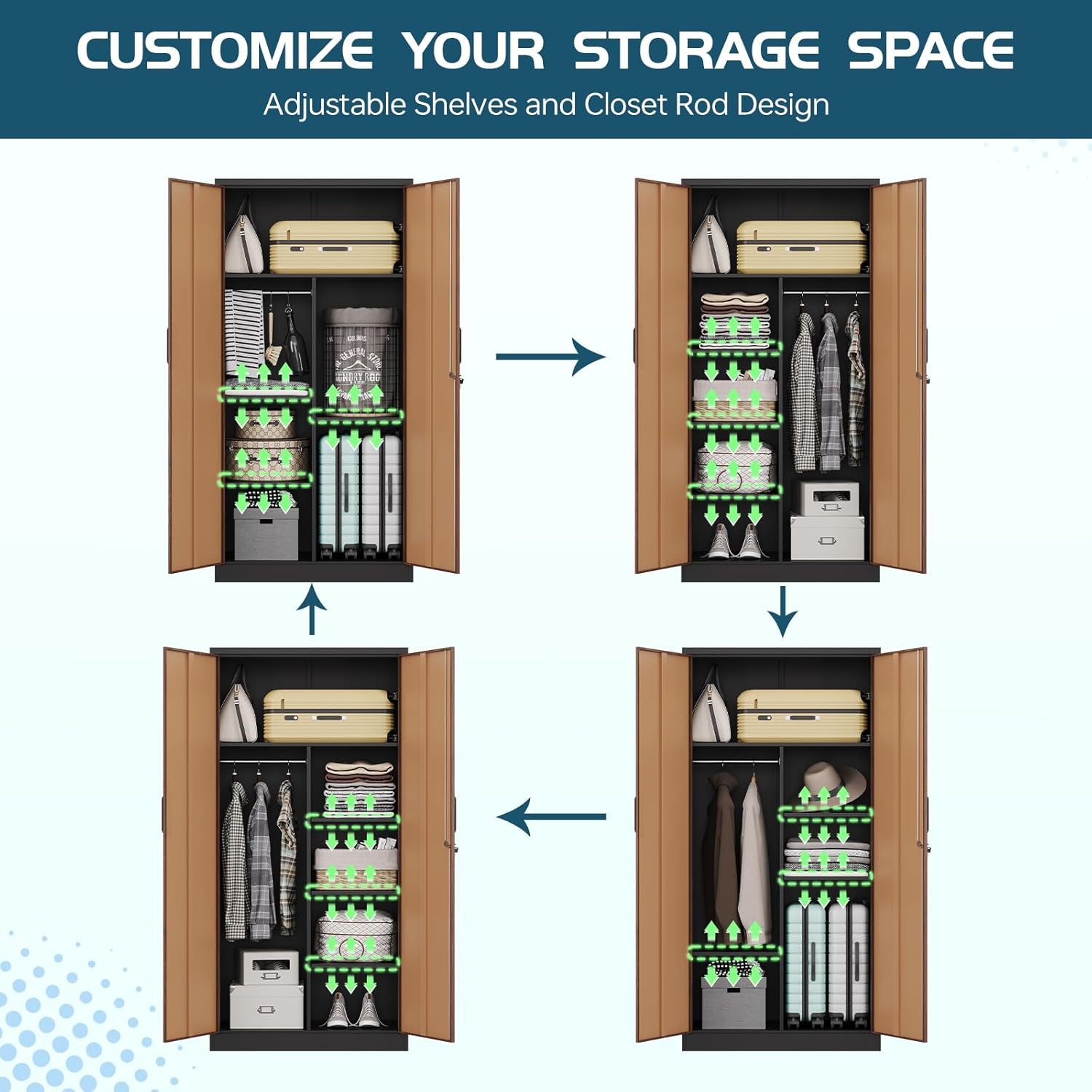 Metal Wardrobe Cabinet with Locking Doors, Metal Storage Armoire Closet for Clothing, 2 Door Woodgrain Locker Cabinet with Adjustable Shelves for Bedroom, Locker Room, Home Office and Garage…