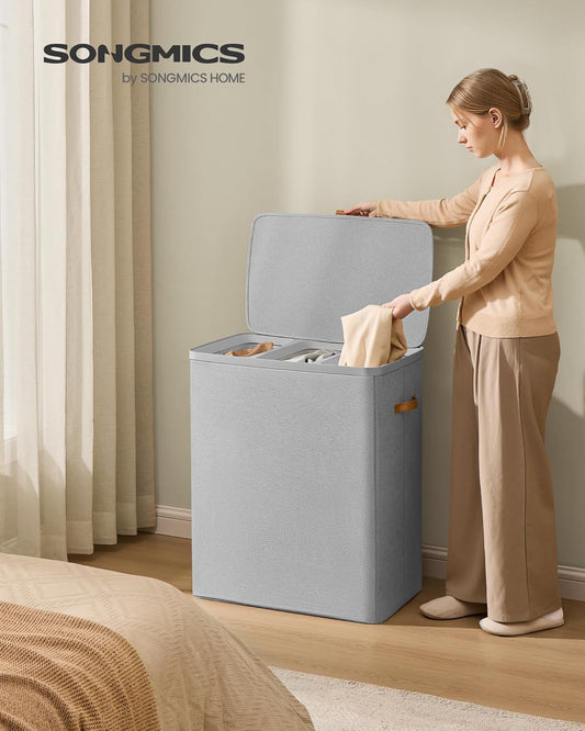 Laundry Basket, 50.2 Gal. Laundry Hamper, 3 Compartments, Easy Assembly, with Lid and Handles, Removable Liners, 25.2 X 15.7 X 29.5 Inches, Dove Gray ULCB814GD01