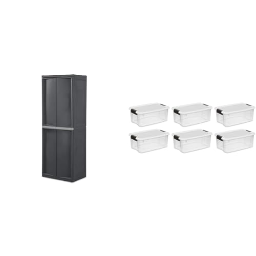 Sterilite 4 Shelf Cabinet, Heavy Duty and Easy to Assemble Plastic Storage Unit & 18 Qt Ultra Latch Box, Stackable Storage Bin with Lid