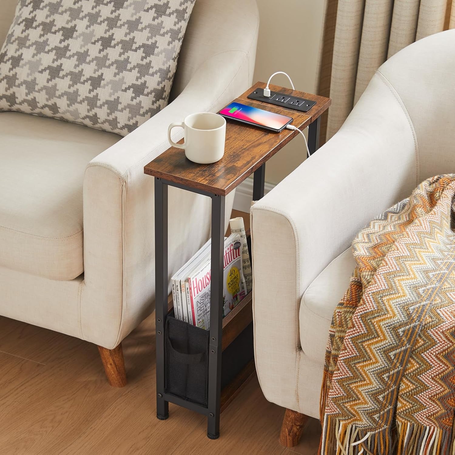 Slim Charging End Table with Storage - for Small Spaces and Bedroom