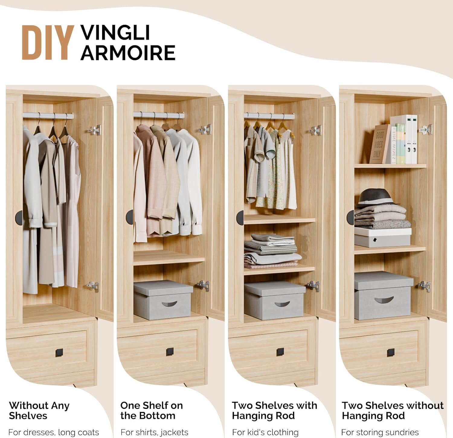 Armoire Wardrobe Closet with Doors, Hanging Rod, Shelves and Drawer - Freestanding Cabinet for Bedroom, Dorm - Oak, 38" W X 21" D X 65" H