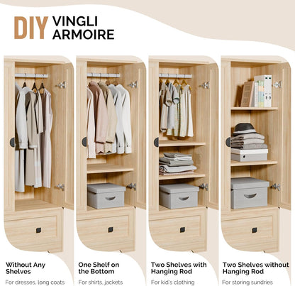 Armoire Wardrobe Closet with Doors, Hanging Rod, Shelves and Drawer - Freestanding Cabinet for Bedroom, Dorm - Oak, 38" W X 21" D X 65" H
