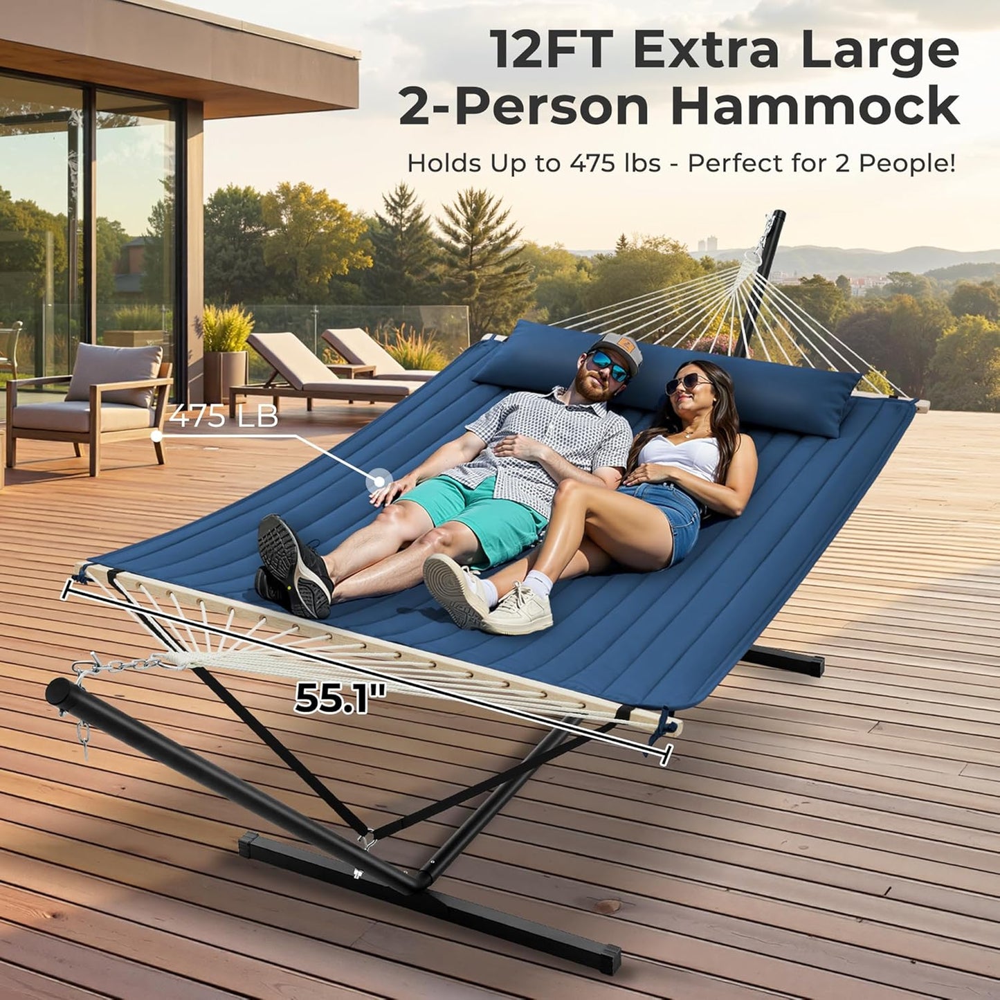 12Ft Double Hammock with Stand, Rope Hammock for 2 Person, Detachable Hammock Bed and Pillow, Portable, Anti-Tip Safety Ropes, Carry Bag, Outdoor Backyard Patio Camping, Navy Blue