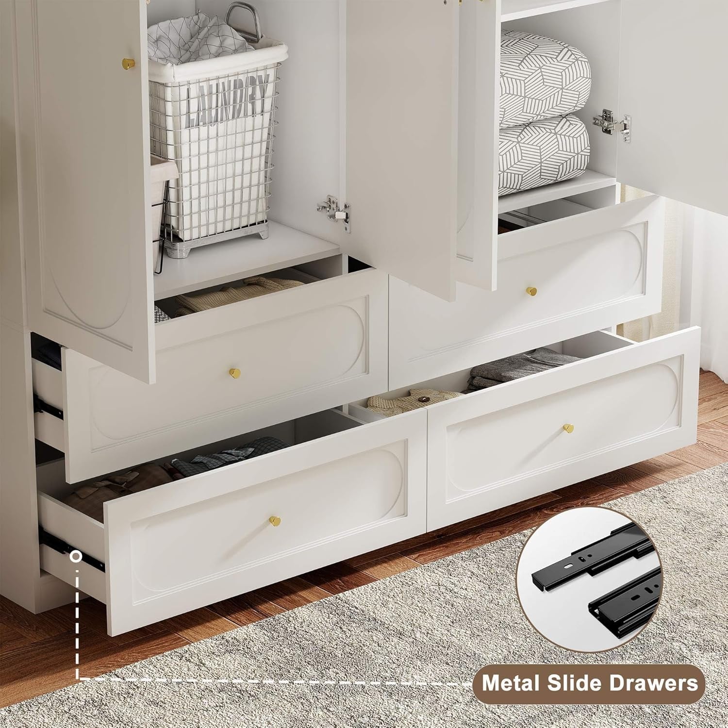 White Armoire Wardrobe Closet: 74" Large Wardrobe Closet with 4 Drawers, 4 Door Armoire Wardrobes for Hanging Clothes, Modern Wooden Closets for Bedroom (White)