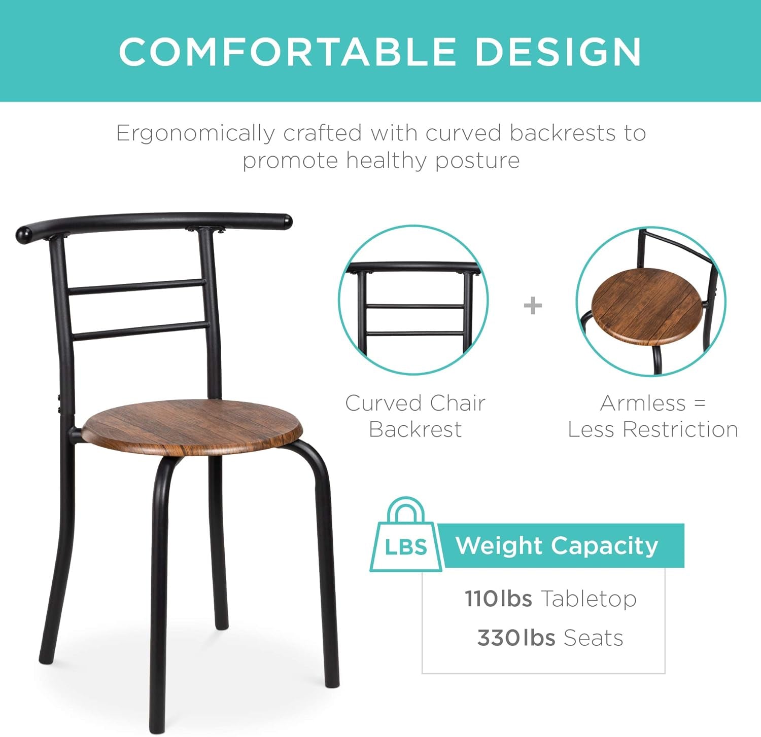 3-Piece Wooden round Table & Chair Set for Kitchen, Dining Room, Compact Space W/Steel Frame, Built-In Wine Rack - Black/Brown
