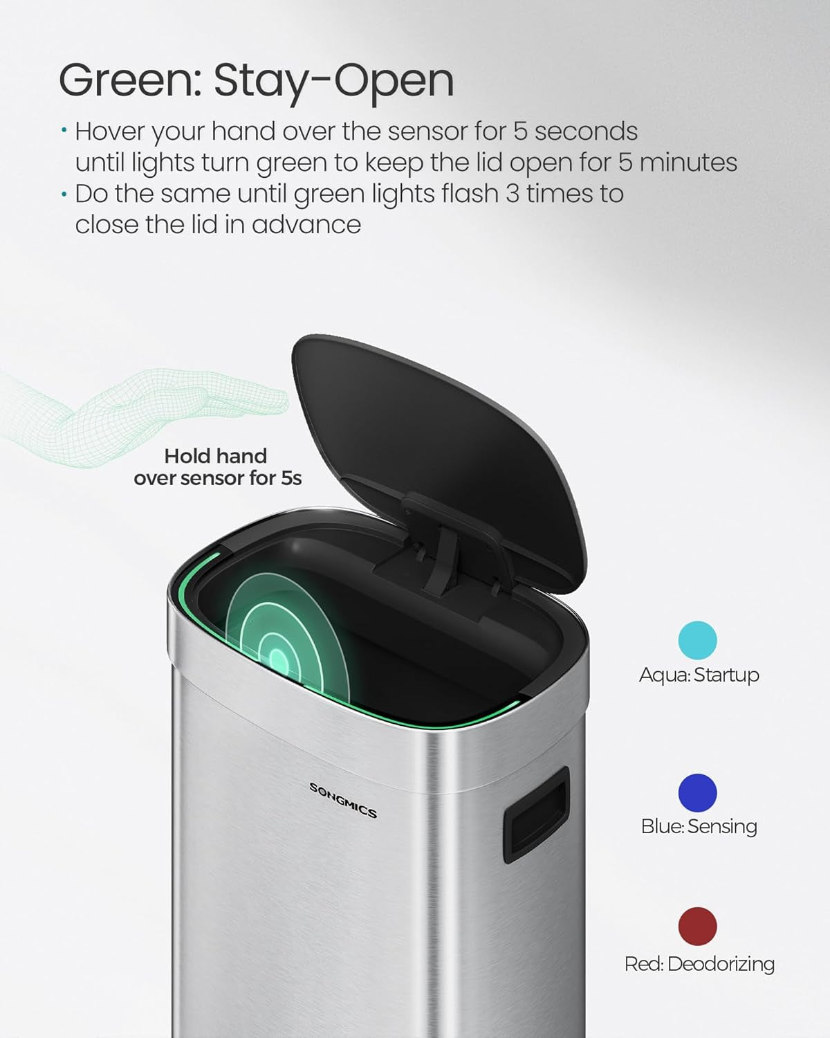 Kitchen Trash Can, 17.2-Gallon (65 L) Motion Sensor Garbage Can, Stainless Steel Trash Bin, Ozone Odor Control, Stay-Open, Metallic Silver ULTB660E01
