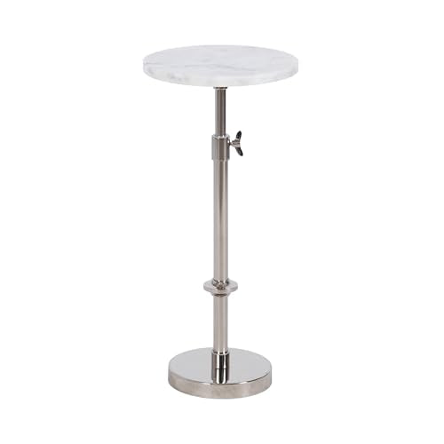 Engles Traditional Adjustable-Height Pedestal Drink Table; 10 x 10 x 30; White Marble and Silver Chrome; Vintage Round Indoor Metal Plant Stand with Authentic Marble Tabletop
