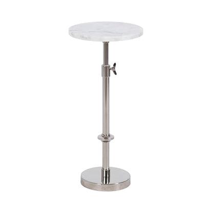 Engles Traditional Adjustable-Height Pedestal Drink Table; 10 x 10 x 30; White Marble and Silver Chrome; Vintage Round Indoor Metal Plant Stand with Authentic Marble Tabletop