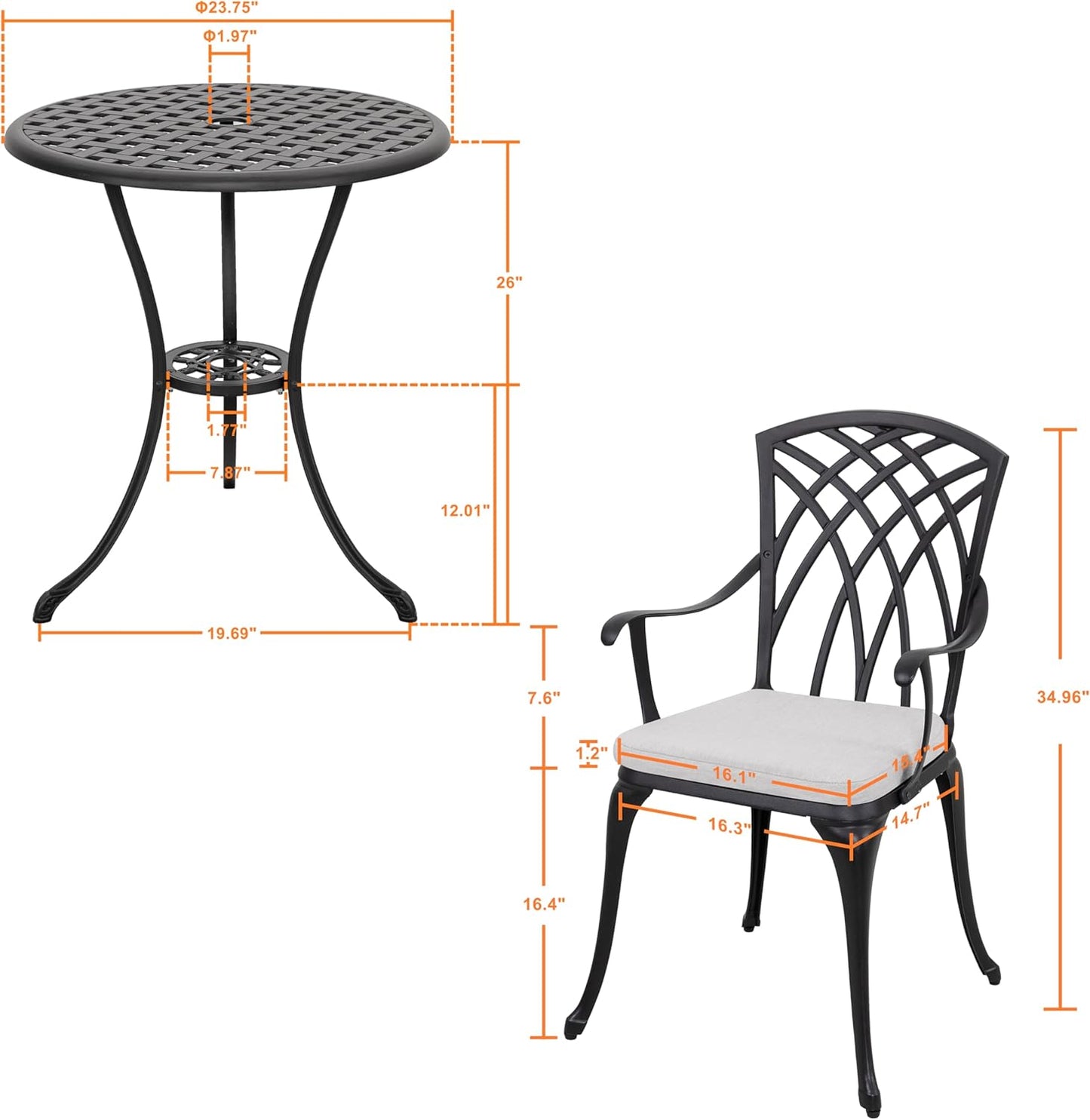 Bistro Set 3 Piece Outdoor Cast Aluminum Patio Bistro Set Patio Table and Chairs Set of 2 with Umbrella Hole and Gray Cushions, Black