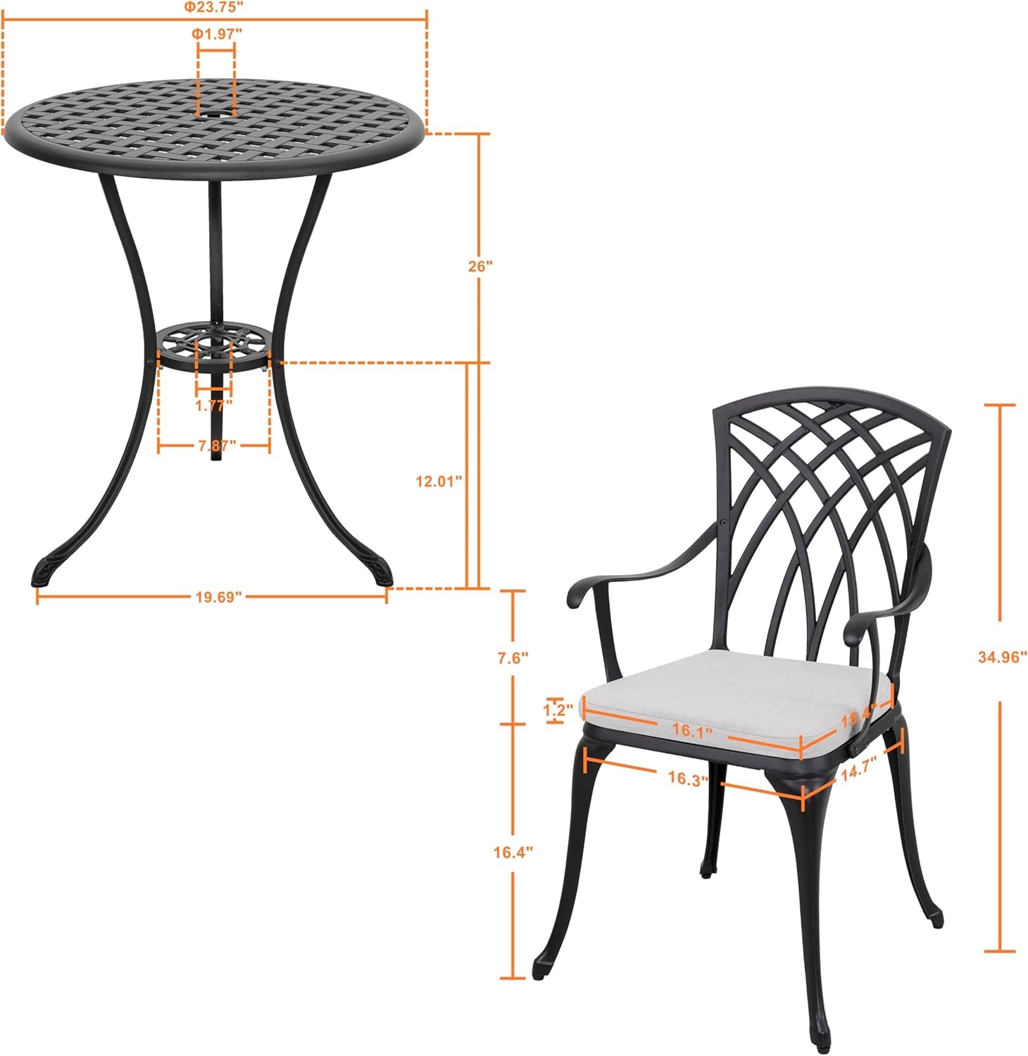 Bistro Set 3 Piece Outdoor Cast Aluminum Patio Bistro Set Patio Table and Chairs Set of 2 with Umbrella Hole and Gray Cushions, Black