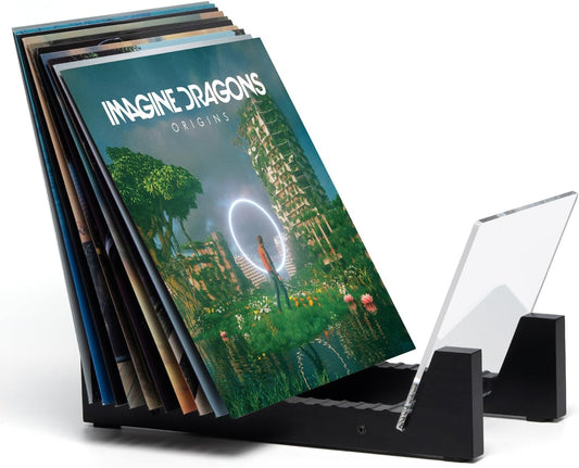 Vinyl Record Storage - Solid Wood with Crystal Clear Acrylic Holder - Premium Design, Perfect 12" Lps or 7" Singles Display Unit - Stores and Supports up to 50 Albums (Modern Black)