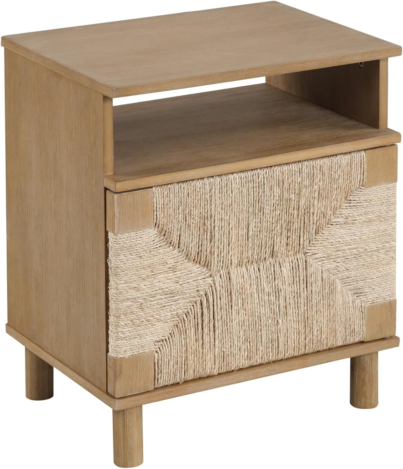 Beacon Wood Nightstand, Bohemian Accent Table or Sofa Side Table with Seagrass Door for Bedroom or Living Room, Light Brown