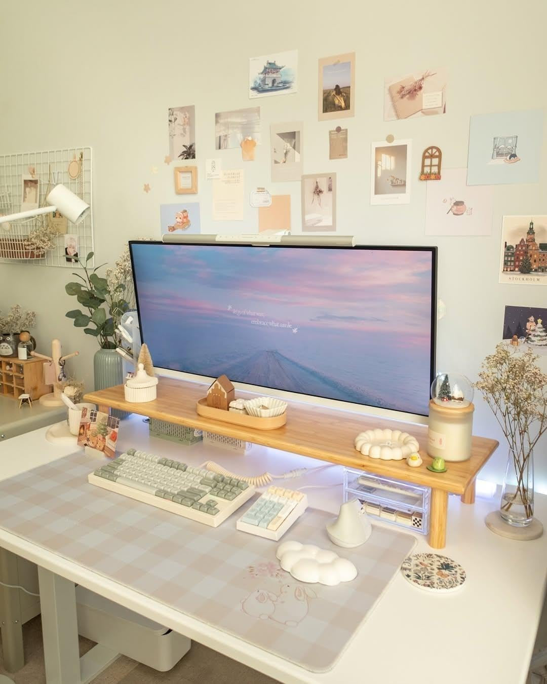 Bamboo Dual Monitor Shelf, Monitor Stand Riser with underneath Storage for Desk Office Supplies, Supports Heavy TV up to 300 Lbs, Natural