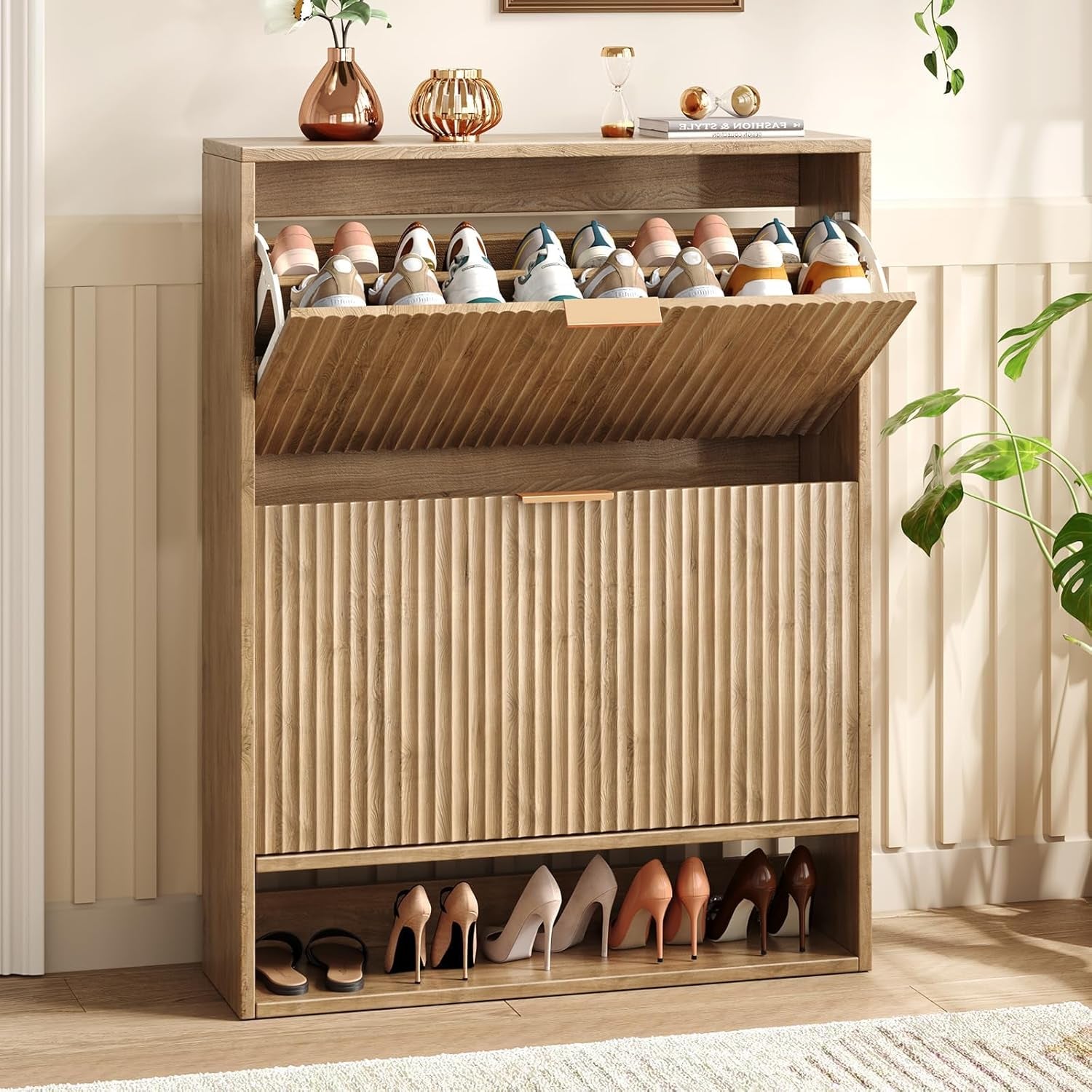 31.5''W Oak Shoe Storage Cabinet for Entryway with 2 Flip Drawers, Narrow Wood Fluted Shoe Rack Cabinet,Freestanding Slim Shoe Organizer Cabinet for Foyer, Hallway