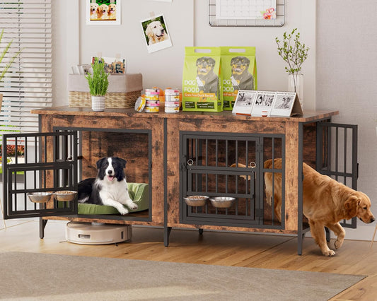 63" Dog Crate Furniture for 2 Dogs, Large Dog Kennel with 360° Rotating Feeder Bowls, Indoor Double Dogs Crates with 4 Doors, Wooden Crate TV Stand with Removable Divider