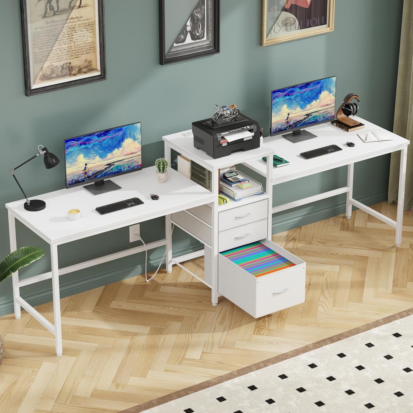 93'' Two Person Desk with Charging Station, Long Desk with 3 Drawers and Printer Shelf, Double Computer Desk, 2 Person Writing Study Table Workstation for Home Office, White