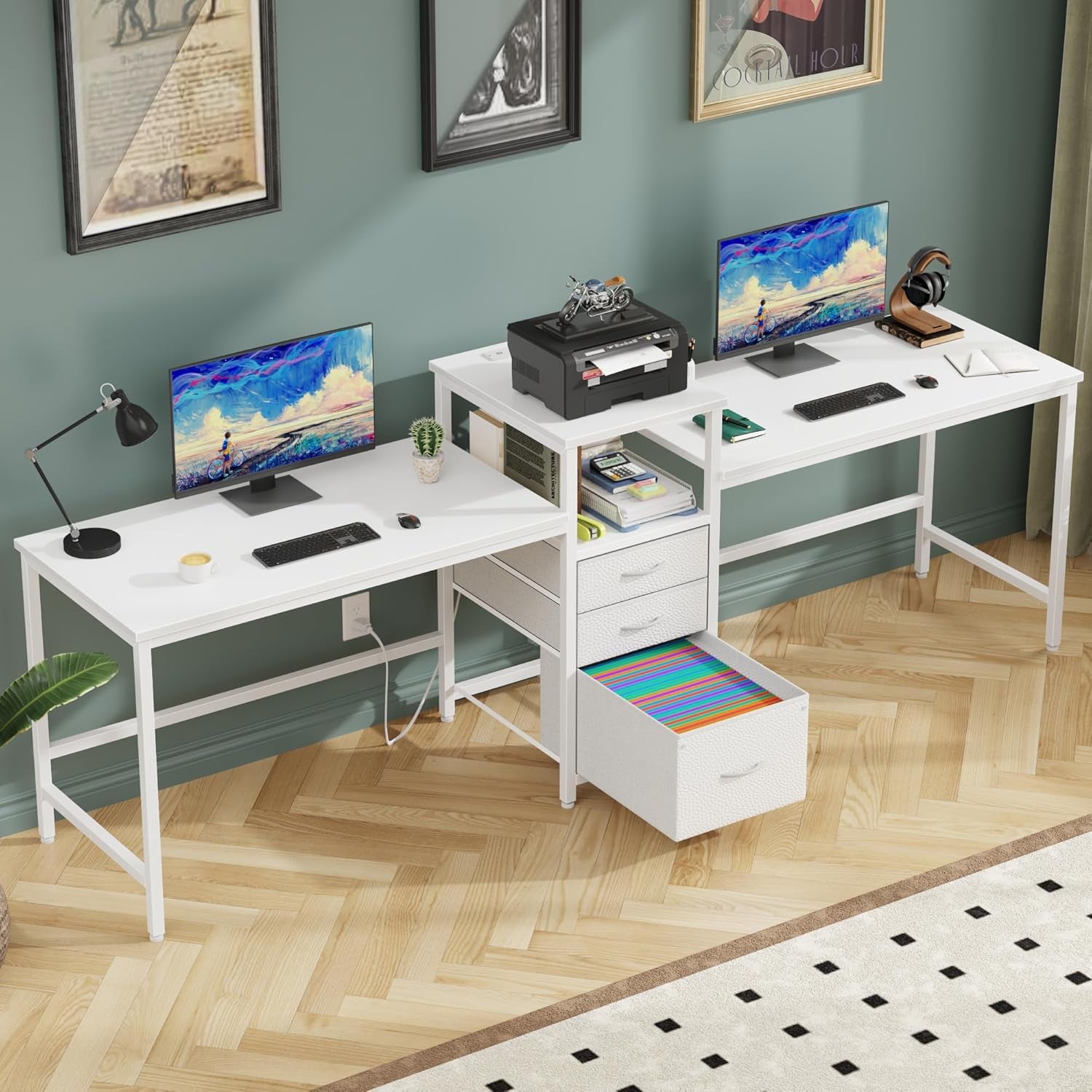 93'' Two Person Desk with Charging Station, Long Desk with 3 Drawers and Printer Shelf, Double Computer Desk, 2 Person Writing Study Table Workstation for Home Office, White