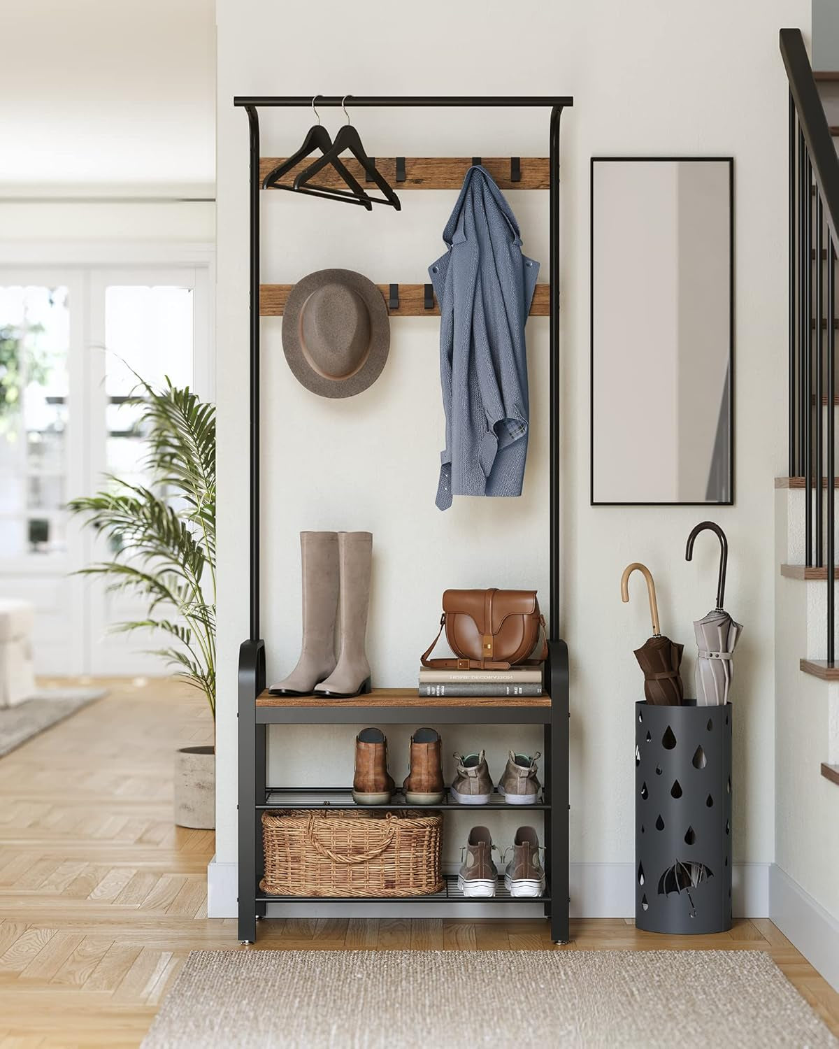 Coat Rack, Hall Tree with Shoe Bench for Entryway, Entryway Bench with Coat Rack, 4-In-1, with 9 Removable Hooks, a Hanging Rod, 13.3 X 28.3 X 72.1 Inches, Rustic Walnut and Black UHSR040B41