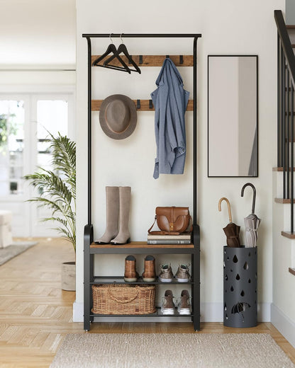 Coat Rack, Hall Tree with Shoe Bench for Entryway, Entryway Bench with Coat Rack, 4-In-1, with 9 Removable Hooks, a Hanging Rod, 13.3 X 28.3 X 72.1 Inches, Rustic Walnut and Black UHSR040B41