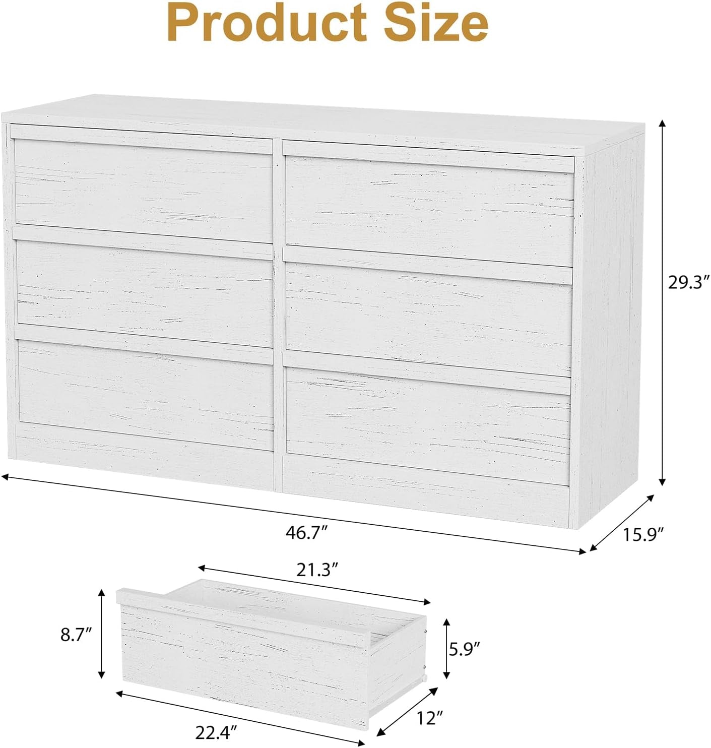 6 Drawer Dresser for Bedroom, 47In Wide Antique White 6 Chest of Drawers with Large Storage, Wooden Dresser Organizer for Living Room, Nursery, Entryway